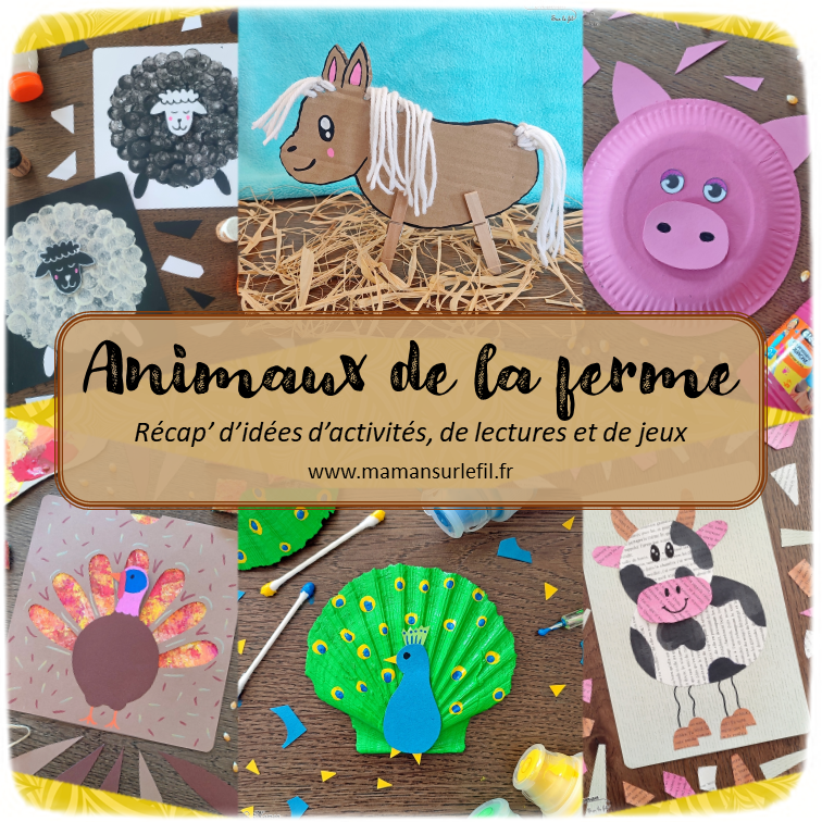 Récapitulatif Animaux de la ferme : Cochons, chevaux, ânes, vaches, poules, poussins, coqs, moutons, dindons, paons, maïs - idées activités lectures jeux sur un thème donné - différents types d'activités : sensorielle, créative, récup, peinture... - jeux à imprimer - Graphisme - Bricolages, peinture, dessin DIY - arts visuels et bricolages - littérature jeunesse - jeux de société - récap sur le fil - mslf