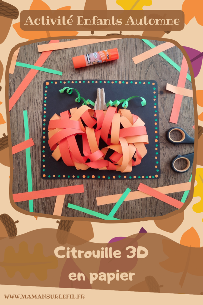 Activité créative et manuelle enfants - Créer une citrouille en 3D avec des bandes de papier - Relief avec du papier découpé, tourné et collé - spirales - Dessin et graphismes - Carton déchiré pour la tige - Thème Halloween, Fruits, Alimentation, Automne - Bricolage facile et rapide - Arts visuels et atelier Maternelle et élémentaire - Créativité - Cycle 1 ou 2 - tutoriel photos - mslf