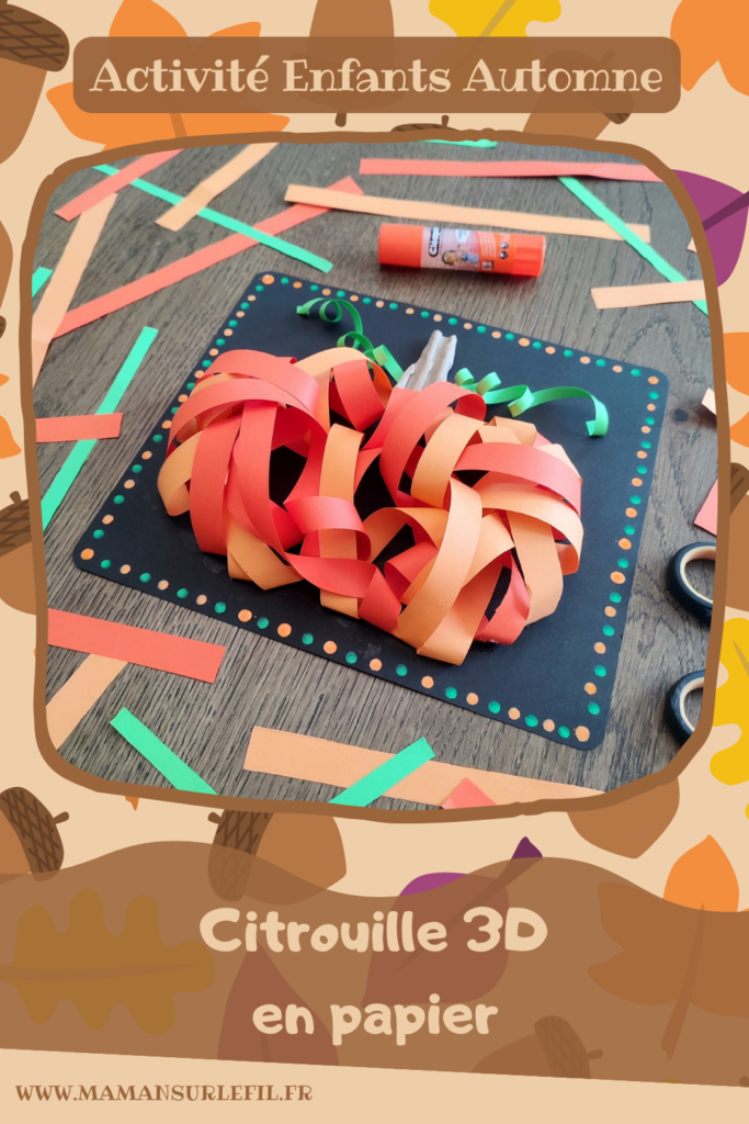 Activité créative et manuelle enfants - Créer une citrouille en 3D avec des bandes de papier - Relief avec du papier découpé, tourné et collé - spirales - Dessin et graphismes - Carton déchiré pour la tige - Thème Halloween, Fruits, Alimentation, Automne - Bricolage facile et rapide - Arts visuels et atelier Maternelle et élémentaire - Créativité - Cycle 1 ou 2 - tutoriel photos - mslf