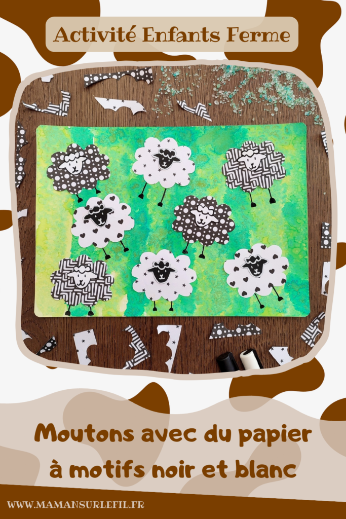 Activité créative et manuelle enfants - Créer des moutons avec des papiers à motifs noirs et blancs - Fond vert type herbe et prairie réalisé avec la technique de l'encre et du gros sel - Lignes verticales -Découpage, collage, dessin - Thèmes Animaux de la ferme ou Pâques - Bricolage facile et rapide - Arts visuels et atelier Maternelle et élémentaire - Créativité - Cycle 1 ou 2 - tutoriel photos - mslf