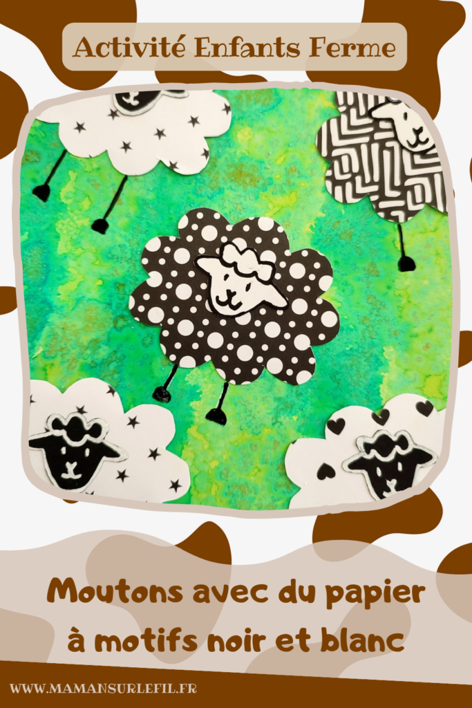 Activité créative et manuelle enfants - Créer des moutons avec des papiers à motifs noirs et blancs - Fond vert type herbe et prairie réalisé avec la technique de l'encre et du gros sel - Lignes verticales -Découpage, collage, dessin - Thèmes Animaux de la ferme ou Pâques - Bricolage facile et rapide - Arts visuels et atelier Maternelle et élémentaire - Créativité - Cycle 1 ou 2 - tutoriel photos - mslf