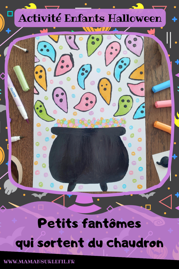 Activité créative et manuelle enfants - Peindre des petits fantômes qui sortent du chaudron - Contraste entre noir et couleurs pastels - Peinture avec empreinte de rouleaux de papier toilettes en carton, PQ et coton-tige - Coloriage et graphisme - Techniques de peinture rigolotes - Thème Halloween mignon - Bricolage facile et rapide - Potion et chaudron de la sorcière - Arts visuels et atelier Maternelle et élémentaire - Créativité - Cycle 1 ou 2 - tutoriel photos - mslf