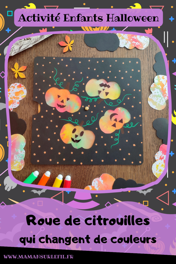 Activité créative et manuelle enfants - Fabriquer une roue de citrouilles d'Halloween qui changent de couleurs - Bricolage Halloween ou automne - Fond avec technique de peinture Feutres, Aluminium et Eau - Découpage, dessin, graphismes - Cercle qui tourne au dos pour changer les couleurs - Thème Halloween, Fruits, Alimentation, Automne - Bricolage facile et rapide - Arts visuels et atelier Maternelle et élémentaire - Dessin, découpage, collage - Créativité - Cycle 1 ou 2 - tutoriel photos et vidéos - mslf