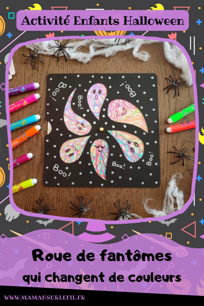 Activité créative et manuelle enfants - Fabriquer une roue de fantômes gribouillés et fluos qui changent de couleurs - Bricolage Halloween - Fond Gribouillage avec des feutres fluos - Découpage, dessin, graphismes - Cercle qui tourne au dos pour changer les couleurs - Thème Halloween, Créatures légendaires - Bricolage facile et rapide - Arts visuels et atelier Maternelle et élémentaire - Dessin, découpage, collage - Créativité - Cycle 1 ou 2 - tutoriel photos et vidéos - mslf