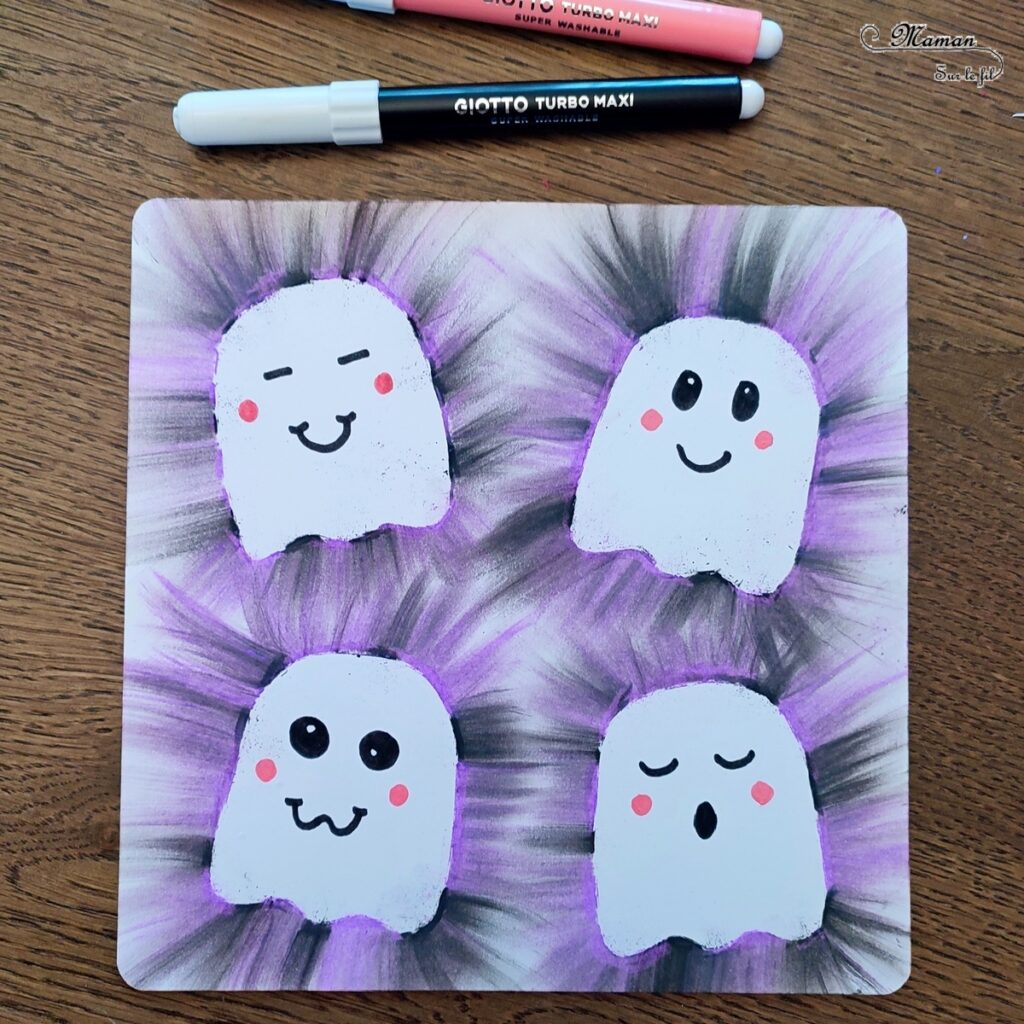 Activité créative et manuelle enfants - Créer des fantômes avec des pastels étalés - Technique avec des pastels secs qui donne un effet lumineux - aux couleurs d'Halloween : violet et noir - Etaler le pastel avec le doigts, sensoriel - Dessin - Thème Halloween mignon - Bricolage facile et rapide - Arts visuels et atelier Maternelle et élémentaire - Créativité - Cycle 1 ou 2 - tutoriel photos - mslf