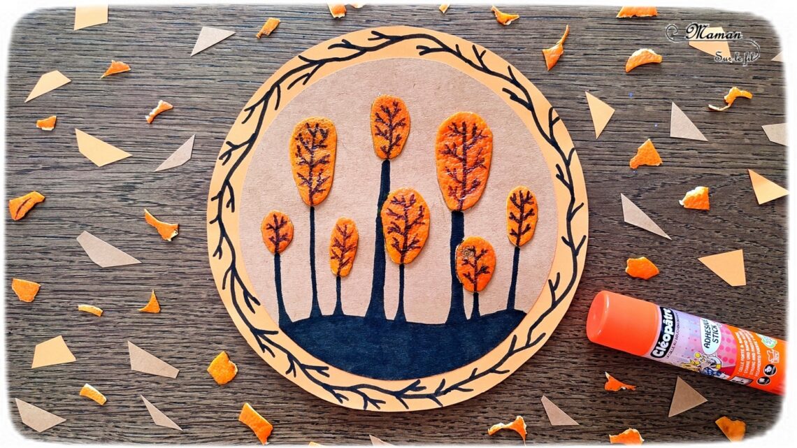 Activité créative et manuelle enfants - Créer des arbres d'automne avec des épluchures de clémentines - Tableau automnal avec des peaux de mandarines - Découpage, collage et dessin - Arts visuels en cercle - Bricolage Nature et récup' - Sensoriel, bonne odeur - Thème Automne, forêt, arbres, Fruits, Alimentation - Bricolage facile et rapide - Arts visuels et atelier Maternelle et élémentaire - Créativité - Cycle 1 ou 2 - tutoriel photos - mslf