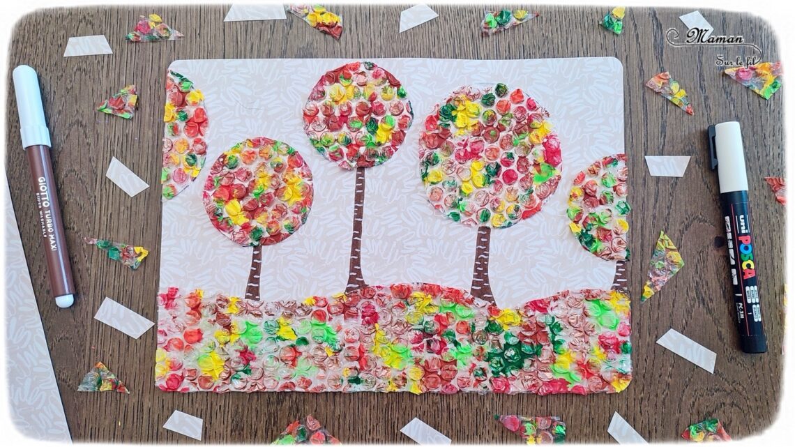 Activité créative et manuelle enfants - Créer des arbres Automne avec du papier à bulles peint - Tableau automnal avec une technique de peinture rigolote - Récup', recyclage, surcyclage - Découpage, peinture, collage, cercle et dessin - Arts visuels - Bricolage - Thème Automne, forêt, arbres - Bricolage facile et rapide - Arts visuels et atelier Maternelle et élémentaire - Créativité - Cycle 1 ou 2 - tutoriel photos - mslf