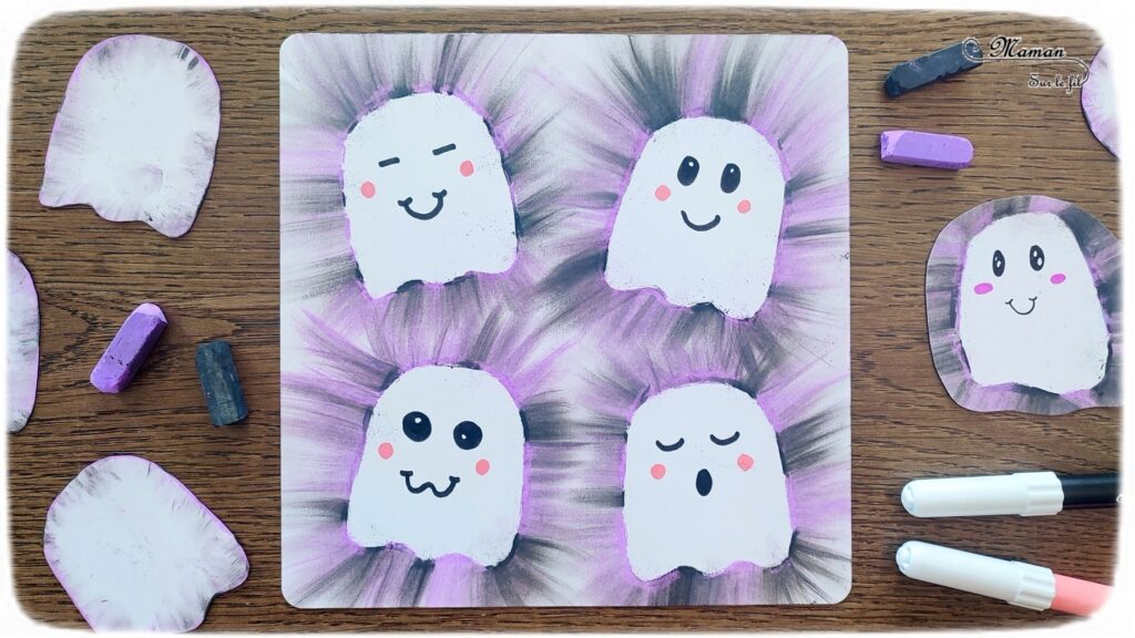 Activité créative et manuelle enfants - Créer des fantômes avec des pastels étalés - Technique avec des pastels secs qui donne un effet lumineux - aux couleurs d'Halloween : violet et noir - Etaler le pastel avec le doigts, sensoriel - Dessin - Thème Halloween mignon - Bricolage facile et rapide - Arts visuels et atelier Maternelle et élémentaire - Créativité - Cycle 1 ou 2 - tutoriel photos - mslf