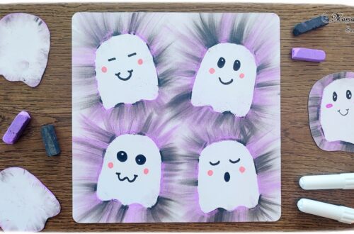 Activité créative et manuelle enfants - Créer des fantômes avec des pastels étalés - Technique avec des pastels secs qui donne un effet lumineux - aux couleurs d'Halloween : violet et noir - Etaler le pastel avec le doigts, sensoriel - Dessin - Thème Halloween mignon - Bricolage facile et rapide - Arts visuels et atelier Maternelle et élémentaire - Créativité - Cycle 1 ou 2 - tutoriel photos - mslf