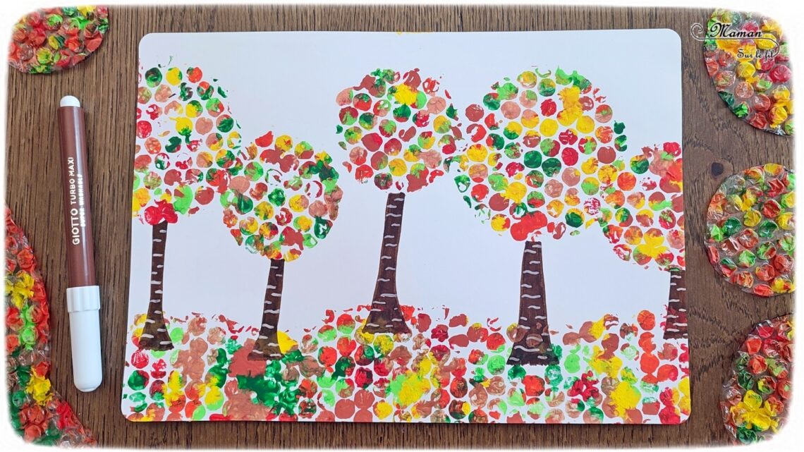 Activité créative et manuelle enfants - Peindre des arbres Automne avec du papier à bulles - Tableau automnal avec une technique de peinture rigolote - Récup', recyclage, surcyclage - Découpage, cercle et dessin - Arts visuels - Bricolage - Thème Automne, forêt, arbres - Bricolage facile et rapide - Arts visuels et atelier Maternelle et élémentaire - Créativité - Cycle 1 ou 2 - tutoriel photos - mslf