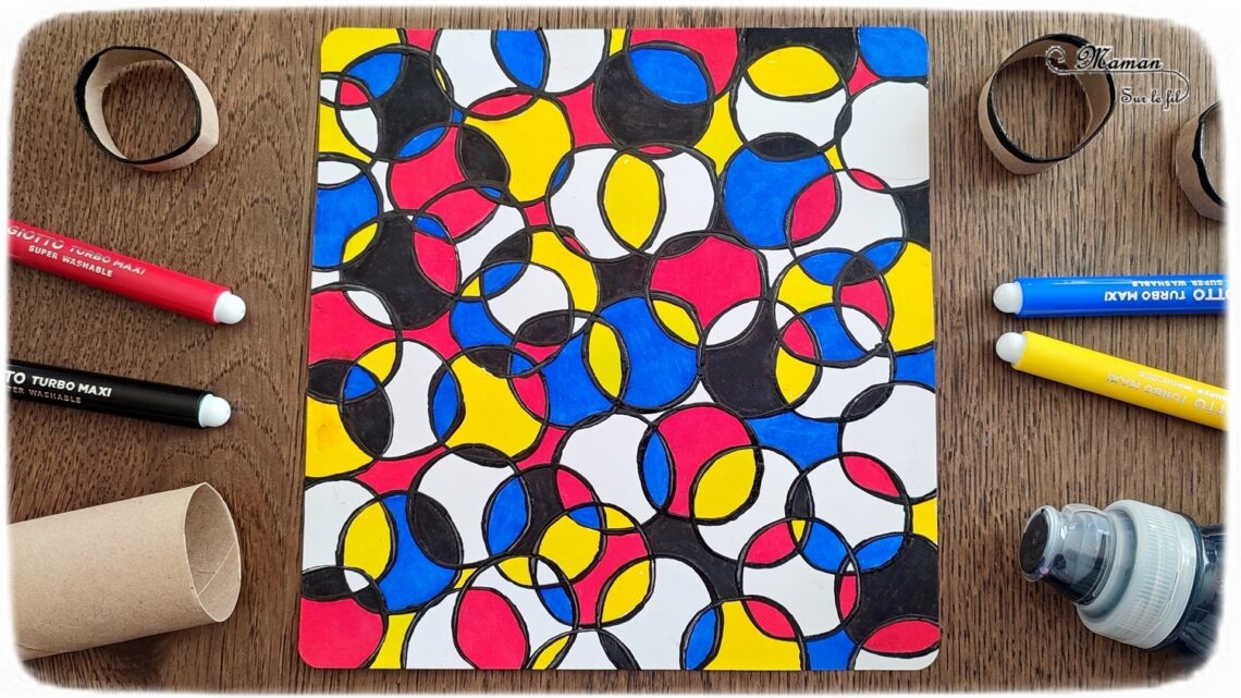 Activité créative et manuell.e enfants - Peindre un tableau Récup' à la façon de Piet Mondrian - Peinture, empreintes de rouleaux de papier toilette en carton - recyclage et surcyclage de rouleaux de PQ - Coloriage aux feutres couleurs primaires et noir - A la manière de... - Thème Art et artistes - Autour du monde, géographie, Europe, Pays-bas - Bricolage facile et rapide - Arts visuels et atelier Maternelle et élémentaire - Créativité - Cycle 1 ou 2 - tutoriel photos - mslf