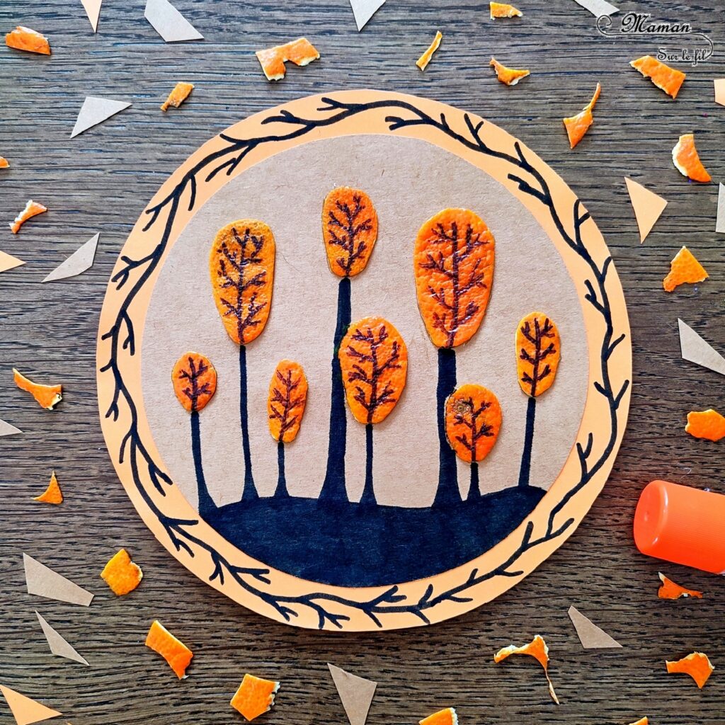 Activité créative et manuelle enfants - Créer des arbres d'automne avec des épluchures de clémentines - Tableau automnal avec des peaux de mandarines - Découpage, collage et dessin - Arts visuels en cercle - Bricolage Nature et récup' - Sensoriel, bonne odeur - Thème Automne, forêt, arbres, Fruits, Alimentation - Bricolage facile et rapide - Arts visuels et atelier Maternelle et élémentaire - Créativité - Cycle 1 ou 2 - tutoriel photos - mslf