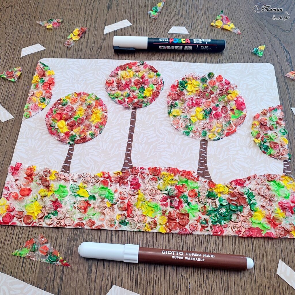 Activité créative et manuelle enfants - Créer des arbres Automne avec du papier à bulles peint - Tableau automnal avec une technique de peinture rigolote - Récup', recyclage, surcyclage - Découpage, peinture, collage, cercle et dessin - Arts visuels - Bricolage - Thème Automne, forêt, arbres - Bricolage facile et rapide - Arts visuels et atelier Maternelle et élémentaire - Créativité - Cycle 1 ou 2 - tutoriel photos - mslf