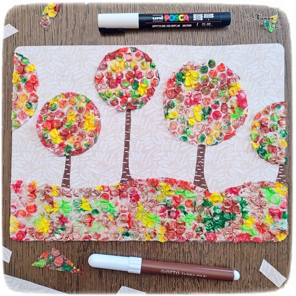 Activité créative et manuelle enfants - Créer des arbres Automne avec du papier à bulles peint - Tableau automnal avec une technique de peinture rigolote - Récup', recyclage, surcyclage - Découpage, peinture, collage, cercle et dessin - Arts visuels - Bricolage - Thème Automne, forêt, arbres - Bricolage facile et rapide - Arts visuels et atelier Maternelle et élémentaire - Créativité - Cycle 1 ou 2 - tutoriel photos - mslf