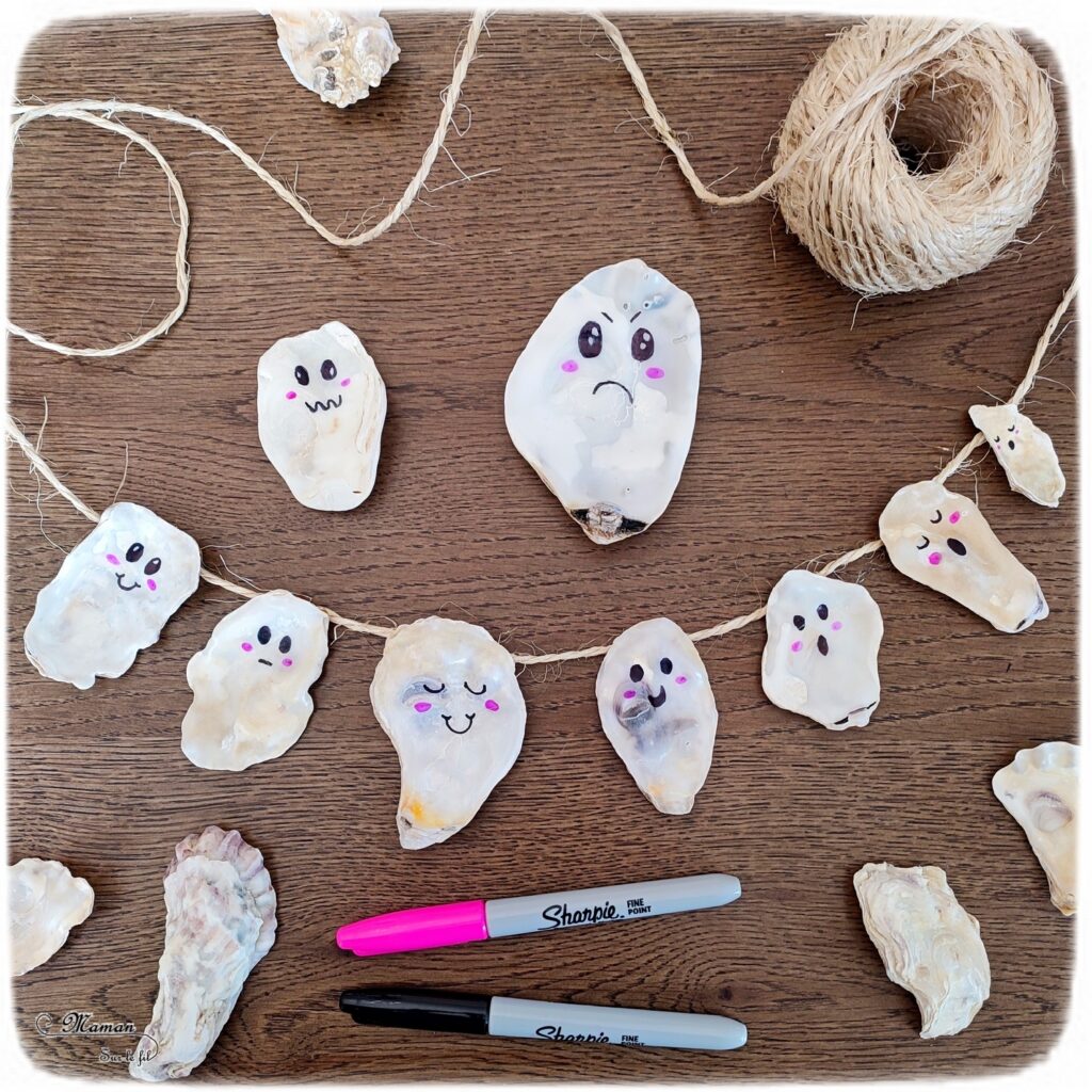 Activité créative et manuelle enfants - Fabriquer une guirlande de fantômes avec des coquilles d'huîtres - Bricolage facile et rapide pour une décoration Halloween - Dessin - Nature, Land Art et corde - Thème Halloween mignon - Arts visuels et atelier Maternelle et élémentaire - Créativité - Cycle 1 ou 2 - tutoriel photos - Bricolage avec les coquillages ramassés sur la plage - mslf