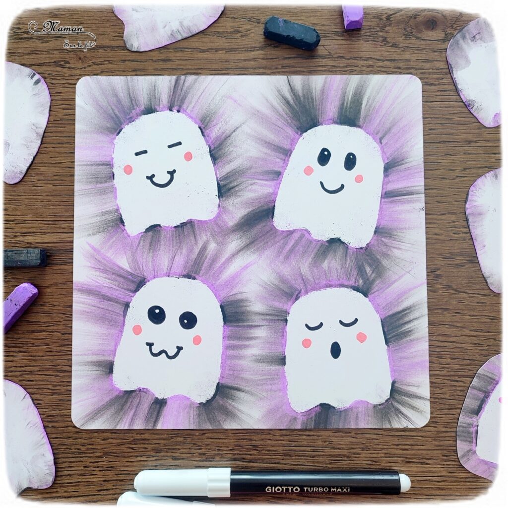 Activité créative et manuelle enfants - Créer des fantômes avec des pastels étalés - Technique avec des pastels secs qui donne un effet lumineux - aux couleurs d'Halloween : violet et noir - Etaler le pastel avec le doigts, sensoriel - Dessin - Thème Halloween mignon - Bricolage facile et rapide - Arts visuels et atelier Maternelle et élémentaire - Créativité - Cycle 1 ou 2 - tutoriel photos - mslf