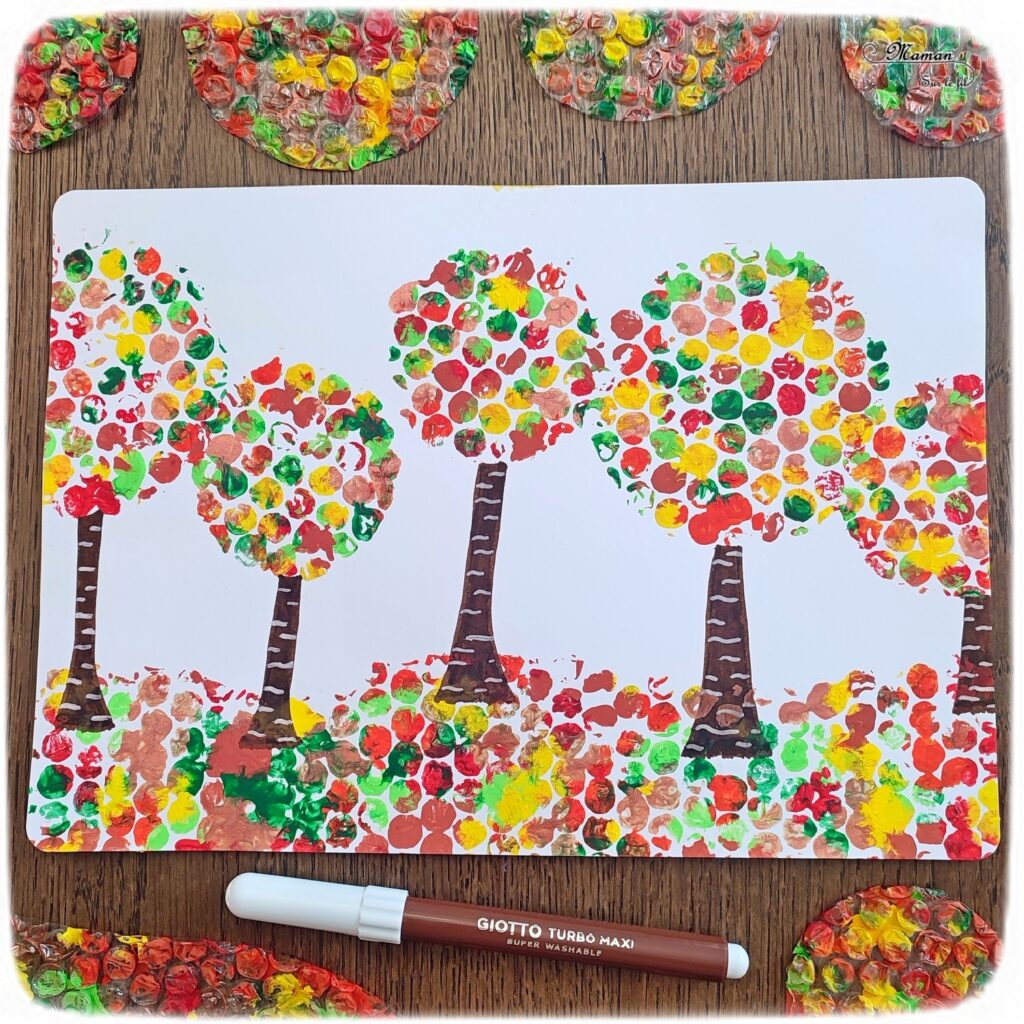 Activité créative et manuelle enfants - Peindre des arbres Automne avec du papier à bulles - Tableau automnal avec une technique de peinture rigolote - Récup', recyclage, surcyclage - Découpage, cercle et dessin - Arts visuels - Bricolage - Thème Automne, forêt, arbres - Bricolage facile et rapide - Arts visuels et atelier Maternelle et élémentaire - Créativité - Cycle 1 ou 2 - tutoriel photos - mslf