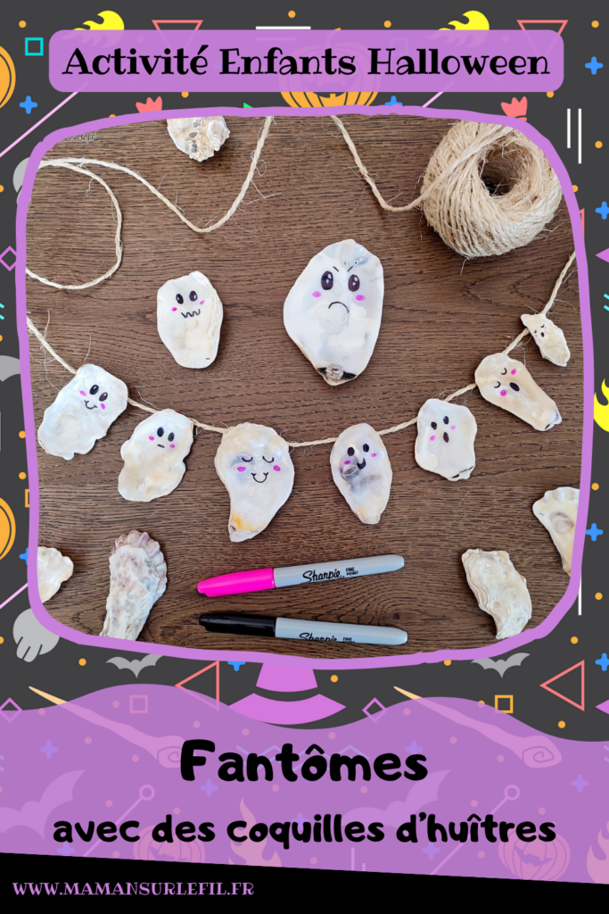 Activité créative et manuelle enfants - Fabriquer une guirlande de fantômes avec des coquilles d'huîtres - Bricolage facile et rapide pour une décoration Halloween - Dessin - Nature, Land Art et corde - Thème Halloween mignon - Arts visuels et atelier Maternelle et élémentaire - Créativité - Cycle 1 ou 2 - tutoriel photos - Bricolage avec les coquillages ramassés sur la plage - mslf