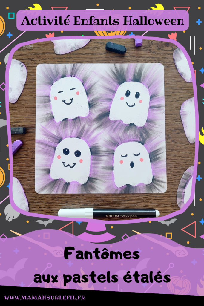 Activité créative et manuelle enfants - Créer des fantômes avec des pastels étalés - Technique avec des pastels secs qui donne un effet lumineux - aux couleurs d'Halloween : violet et noir - Etaler le pastel avec le doigts, sensoriel - Dessin - Thème Halloween mignon - Bricolage facile et rapide - Arts visuels et atelier Maternelle et élémentaire - Créativité - Cycle 1 ou 2 - tutoriel photos - mslf