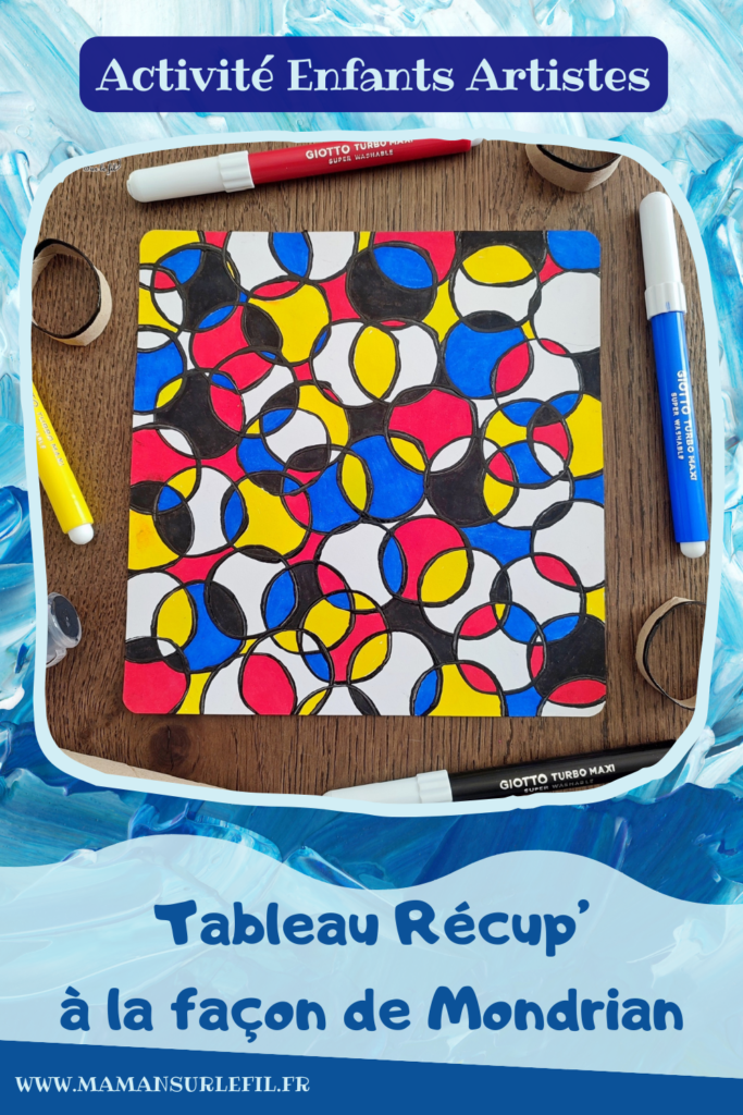 Activité créative et manuell.e enfants - Peindre un tableau Récup' à la façon de Piet Mondrian - Peinture, empreintes de rouleaux de papier toilette en carton - recyclage et surcyclage de rouleaux de PQ - Coloriage aux feutres couleurs primaires et noir - A la manière de... - Thème Art et artistes - Autour du monde, géographie, Europe, Pays-bas - Bricolage facile et rapide - Arts visuels et atelier Maternelle et élémentaire - Créativité - Cycle 1 ou 2 - tutoriel photos - mslf