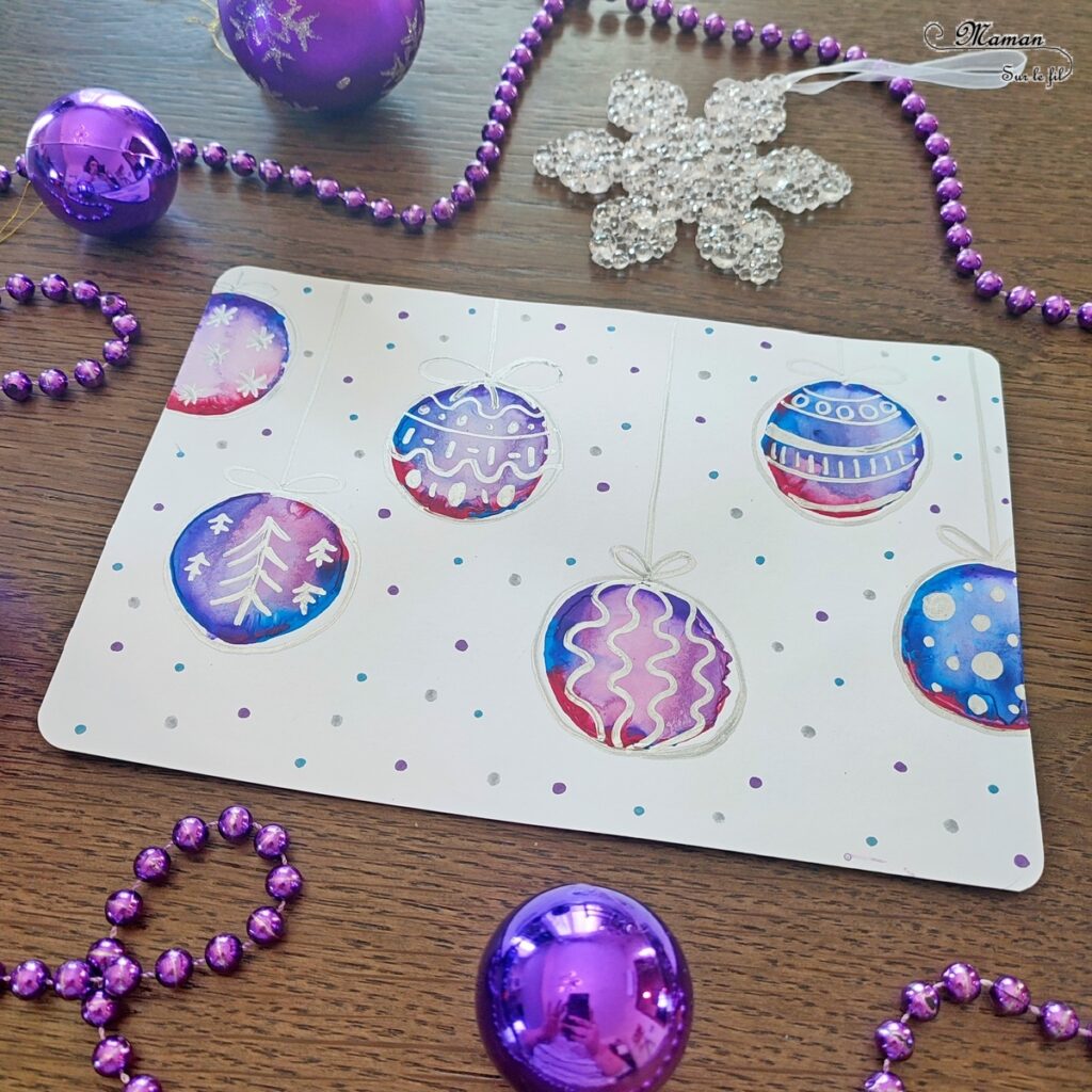 Activité créative et manuelle enfants - Peindre des boules de Noël Effet bulles avec peinture et eau - Technique de peinture récup' effet aquarelle - Recyclage et surcyclage de rouleaux de papier toilette en carton - Dessin et graphismes argentés - Carte de voeux - Arts visuels - Bricolage - Thème Hiver, Noël - Bricolage facile et rapide - Arts visuels et atelier Maternelle et élémentaire - Créativité - Cycle 1 ou 2 - tutoriel photos - mslf