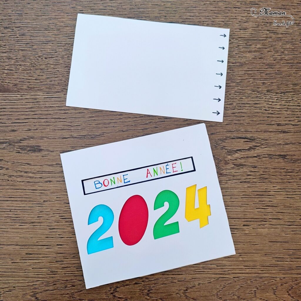 Fabriquer une carte surprise pour fêter la nouvelle année : activité créative et manuelle enfants - Bricolage d'une carte DIY qui se colore et laisse apparaître un message de bonne année quand on tire la languette comme indiqué - Carte de voeux fait maison rigolote et ludique - Découpage et collage - Récup' de chutes de papier coloré - Arts visuels et Bricolage maternelle ou élémentaire (cycles 1, 2 et 3) - Thème Nouvelle année, bonne année, nouvel an - Créativité - tutoriel photos et vidéos - mslf