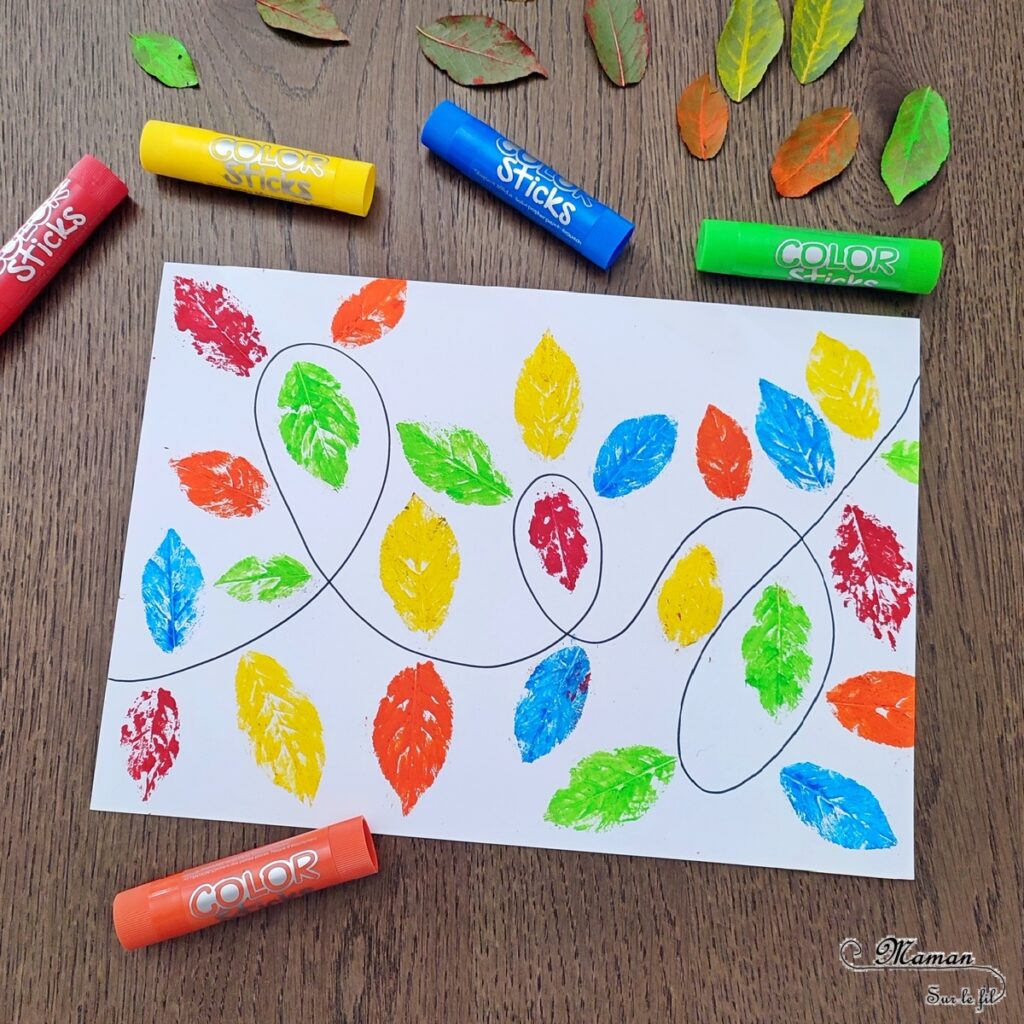 Activité créative et manuelle enfants - Peindre une guirlande lumineuse avec des empreintes de feuilles d'automne - Peinture, graphismes et dessins - Peindre une guirlande électrique avec de la gouache en stick et la nature - feuilles mortes d'automne - Activité de transition entre l'automne et Noël ou la nouvelle année - Land art, atelier nature - Arts visuels - Bricolage - Thème Décorations de Noël, arbres, feuilles, hiver, Noël, nouvel an, cartes de bonne année, de vieux - Bricolage facile et rapide - Arts visuels et atelier Maternelle et élémentaire - Créativité - Cycle 1 ou 2 - tutoriel photos - mslf