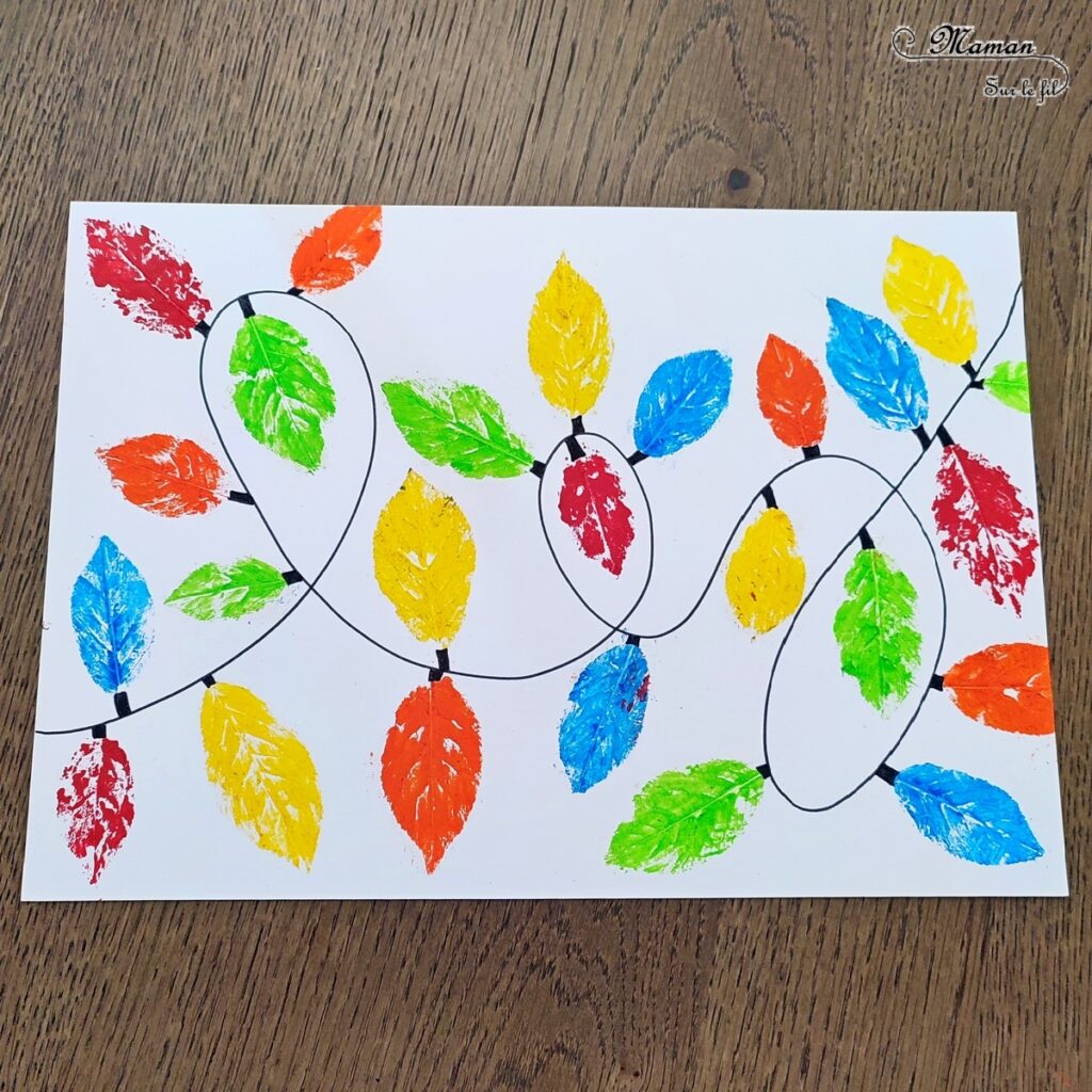 Activité créative et manuelle enfants - Peindre une guirlande lumineuse avec des empreintes de feuilles d'automne - Peinture, graphismes et dessins - Peindre une guirlande électrique avec de la gouache en stick et la nature - feuilles mortes d'automne - Activité de transition entre l'automne et Noël ou la nouvelle année - Land art, atelier nature - Arts visuels - Bricolage - Thème Décorations de Noël, arbres, feuilles, hiver, Noël, nouvel an, cartes de bonne année, de vieux - Bricolage facile et rapide - Arts visuels et atelier Maternelle et élémentaire - Créativité - Cycle 1 ou 2 - tutoriel photos - mslf