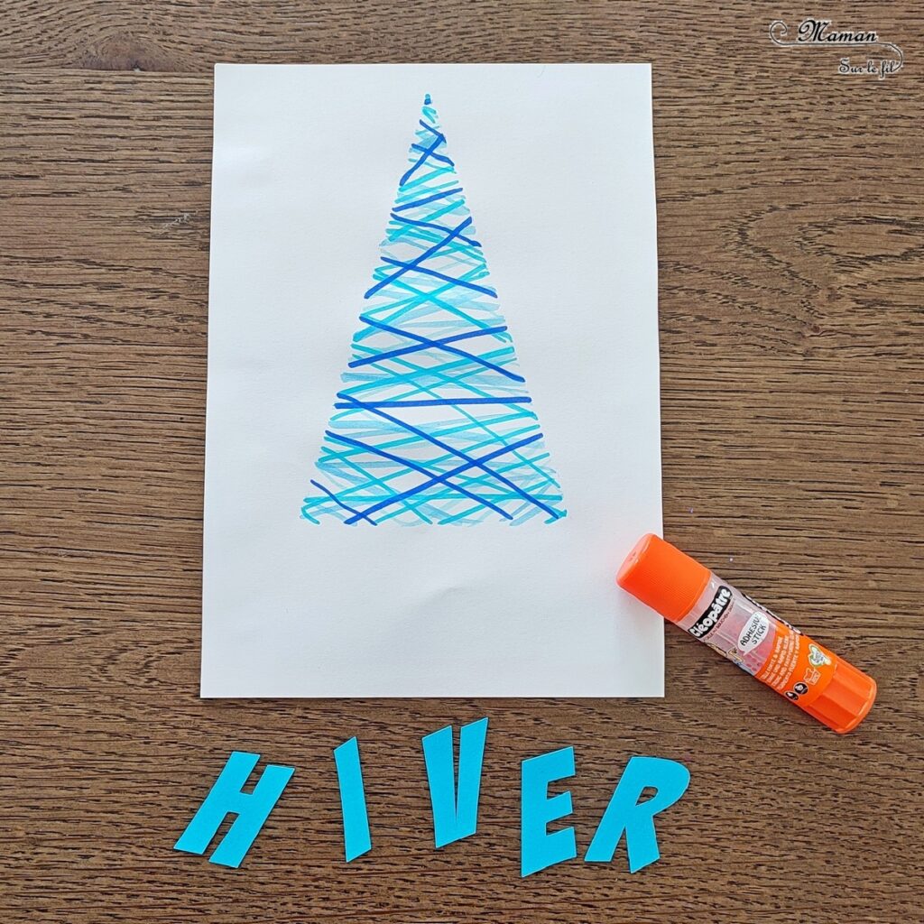 Activité créative et manuelle enfants - Dessiner un sapin hivernal avec des traits de feutres et un pochoir - Dessin, couleurs et nuances de bleu, découpage, collage des lettres du mot hiver - Couleurs hivernales Bleu et blanc - Arts visuels et Bricolage - Thème forêt, arbres, hiver, sapins, Noël - Bricolage et activité facile et rapide - Arts visuels et atelier Maternelle et élémentaire - Créativité - Cycle 1 ou 2 - tutoriel photos et vidéos - mslf