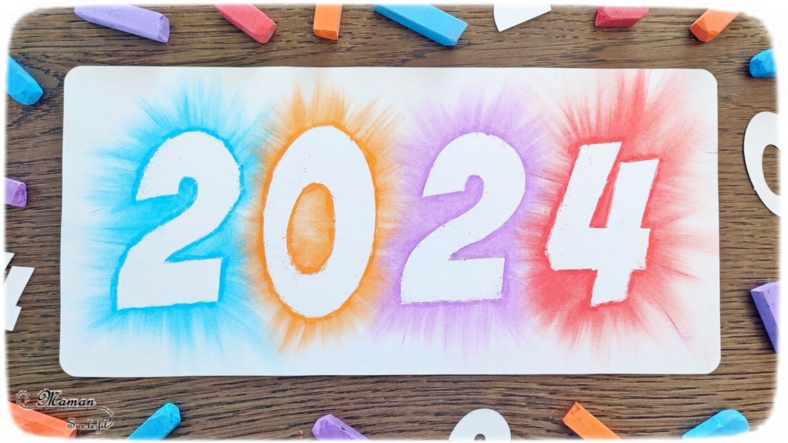 Créer une carte pour fêter une bonne année 2024 avec des pastels étalés : activité créative et manuelle enfants - Bricolage facile et rapide de cartes DIY - Carte de voeux fait maison - Découpage et technique des pastels secs étalés aux doigts pour un effet lumineux et coloré - Arts visuels et Bricolage maternelle ou élémentaire (cycles 1 et 2) - Thème Nouvelle année, bonne année, nouvel an - Créativité - tutoriel photos - mslf