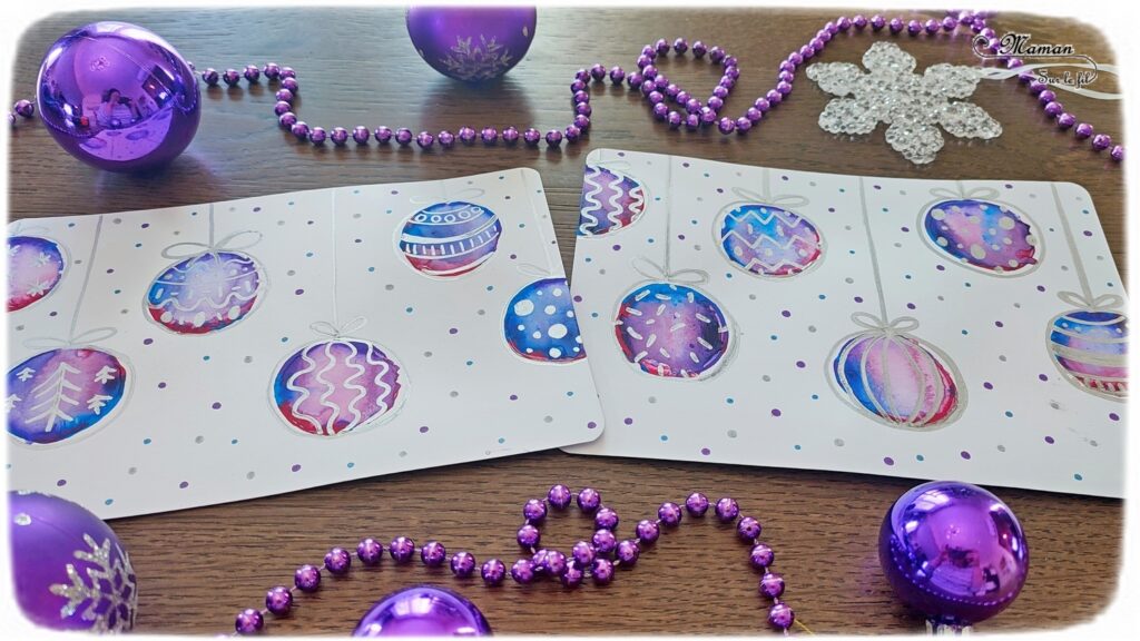 Activité créative et manuelle enfants - Peindre des boules de Noël Effet bulles avec peinture et eau - Technique de peinture récup' effet aquarelle - Recyclage et surcyclage de rouleaux de papier toilette en carton - Dessin et graphismes argentés - Carte de voeux - Arts visuels - Bricolage - Thème Hiver, Noël - Bricolage facile et rapide - Arts visuels et atelier Maternelle et élémentaire - Créativité - Cycle 1 ou 2 - tutoriel photos - mslf