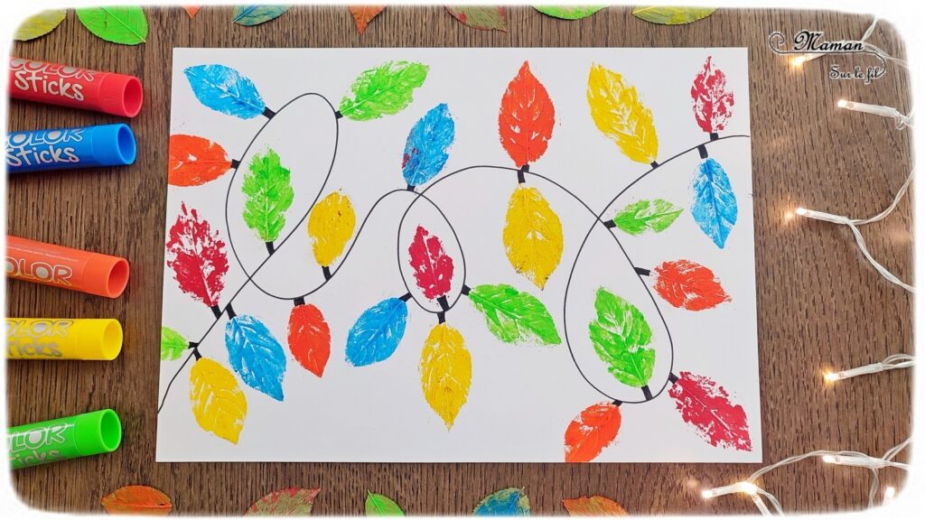 Activité créative et manuelle enfants - Peindre une guirlande lumineuse avec des empreintes de feuilles d'automne - Peinture, graphismes et dessins - Peindre une guirlande électrique avec de la gouache en stick et la nature - feuilles mortes d'automne - Activité de transition entre l'automne et Noël ou la nouvelle année - Land art, atelier nature - Arts visuels - Bricolage - Thème Décorations de Noël, arbres, feuilles, hiver, Noël, nouvel an, cartes de bonne année, de vieux - Bricolage facile et rapide - Arts visuels et atelier Maternelle et élémentaire - Créativité - Cycle 1 ou 2 - tutoriel photos - mslf