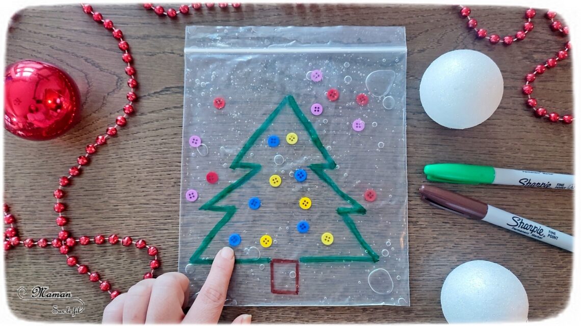 Activité créative, manuelle et sensorielle enfants - Sapin sensoriel à décorer à volonté - Sac congélation, boutons et gel à coiffer - Jeu et atelier DIY pour travailler diverses compétences : sensoriel libre, dénombrement, tri couleurs - Pour patienter avant Noël - Récup' - Arts visuels - Thème hiver, Avent, Noël, sapins - Bricolage facile - Arts visuels et atelier Maternelle et élémentaire - Créativité - Cycle 1 ou 2 - tutoriel photos et vidéo - mslf