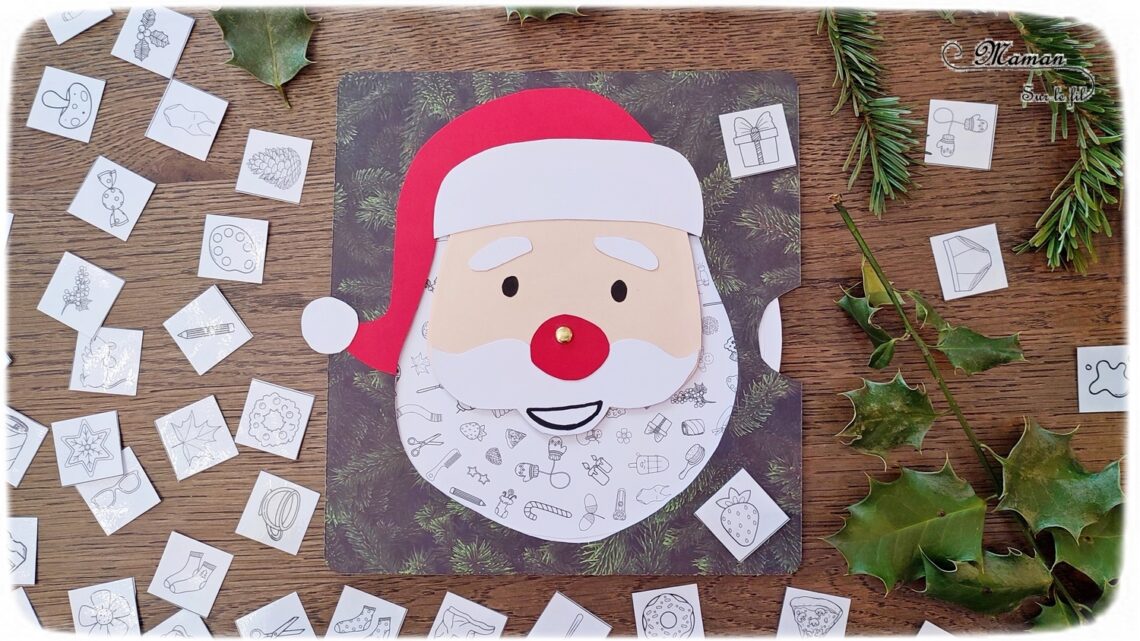 Jeu DIY : Cherche et Trouve dans la barbe du Père Noël - Bazar dans système de roue qui tourne - Activité créative, pédagogique, manuelle enfants - Découpage et collage de papier - Jeu Fait maison - PDF à imprimer et à télécharger gratuitement- Roues et cartes gratuites - 2 niveaux - Atelier DIY - Pour patienter avant Noël - Récup' de chutes de papier - Arts visuels - Thème hiver, Avent, Noël - Bricolage facile - Arts visuels et atelier Maternelle et élémentaire - Créativité - Cycle 1 ou 2 - tutoriel photos et vidéo - mslf