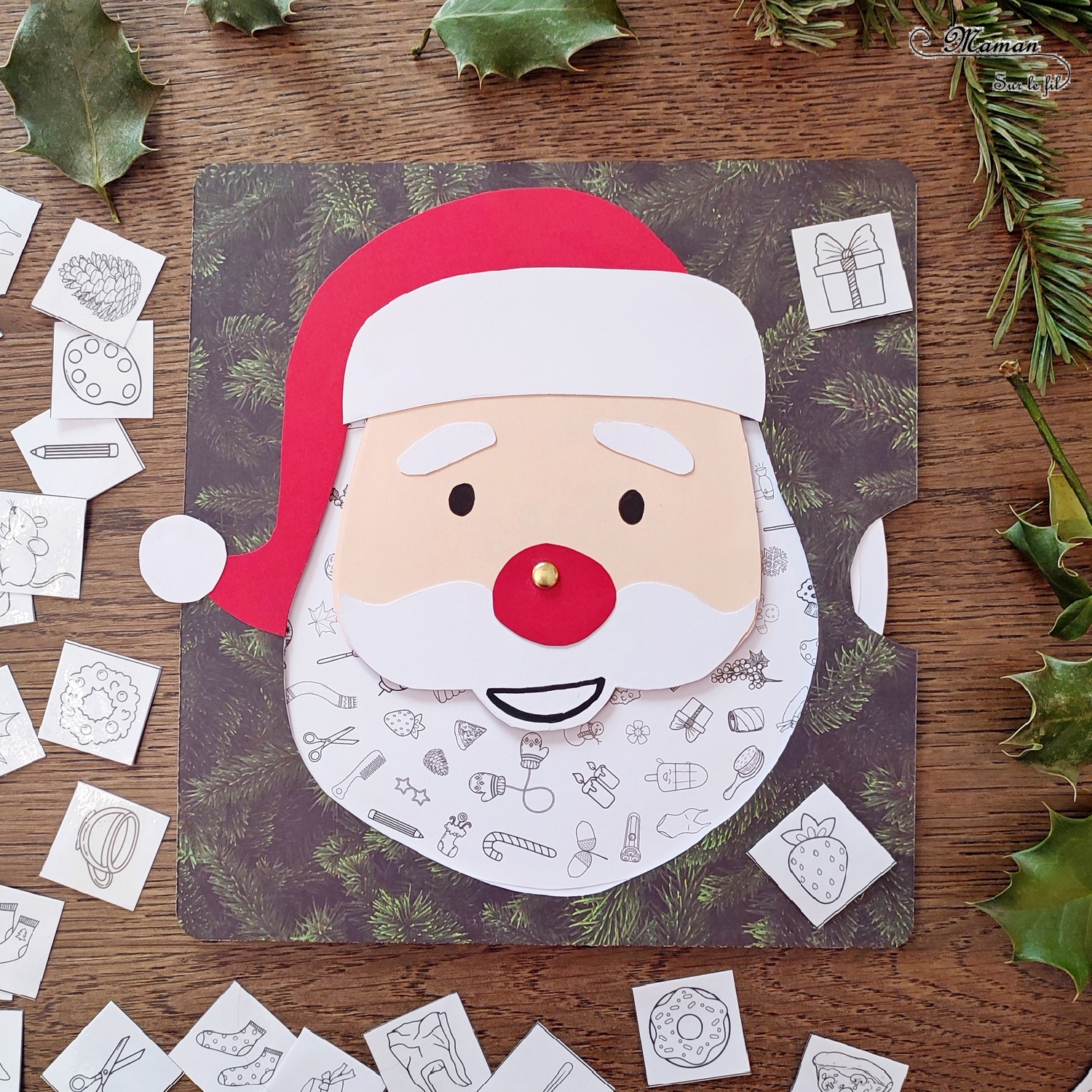 Jeu DIY : Cherche et Trouve dans la barbe du Père Noël - Bazar dans système de roue qui tourne - Activité créative, pédagogique, manuelle enfants - Découpage et collage de papier - Jeu Fait maison - PDF à imprimer et à télécharger gratuitement- Roues et cartes gratuites - 2 niveaux - Atelier DIY - Pour patienter avant Noël - Récup' de chutes de papier - Arts visuels - Thème hiver, Avent, Noël - Bricolage facile - Arts visuels et atelier Maternelle et élémentaire - Créativité - Cycle 1 ou 2 - tutoriel photos et vidéo - mslf