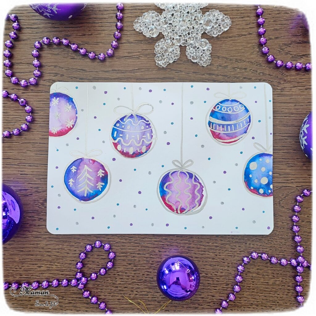 Activité créative et manuelle enfants - Peindre des boules de Noël Effet bulles avec peinture et eau - Technique de peinture récup' effet aquarelle - Recyclage et surcyclage de rouleaux de papier toilette en carton - Dessin et graphismes argentés - Carte de voeux - Arts visuels - Bricolage - Thème Hiver, Noël - Bricolage facile et rapide - Arts visuels et atelier Maternelle et élémentaire - Créativité - Cycle 1 ou 2 - tutoriel photos - mslf