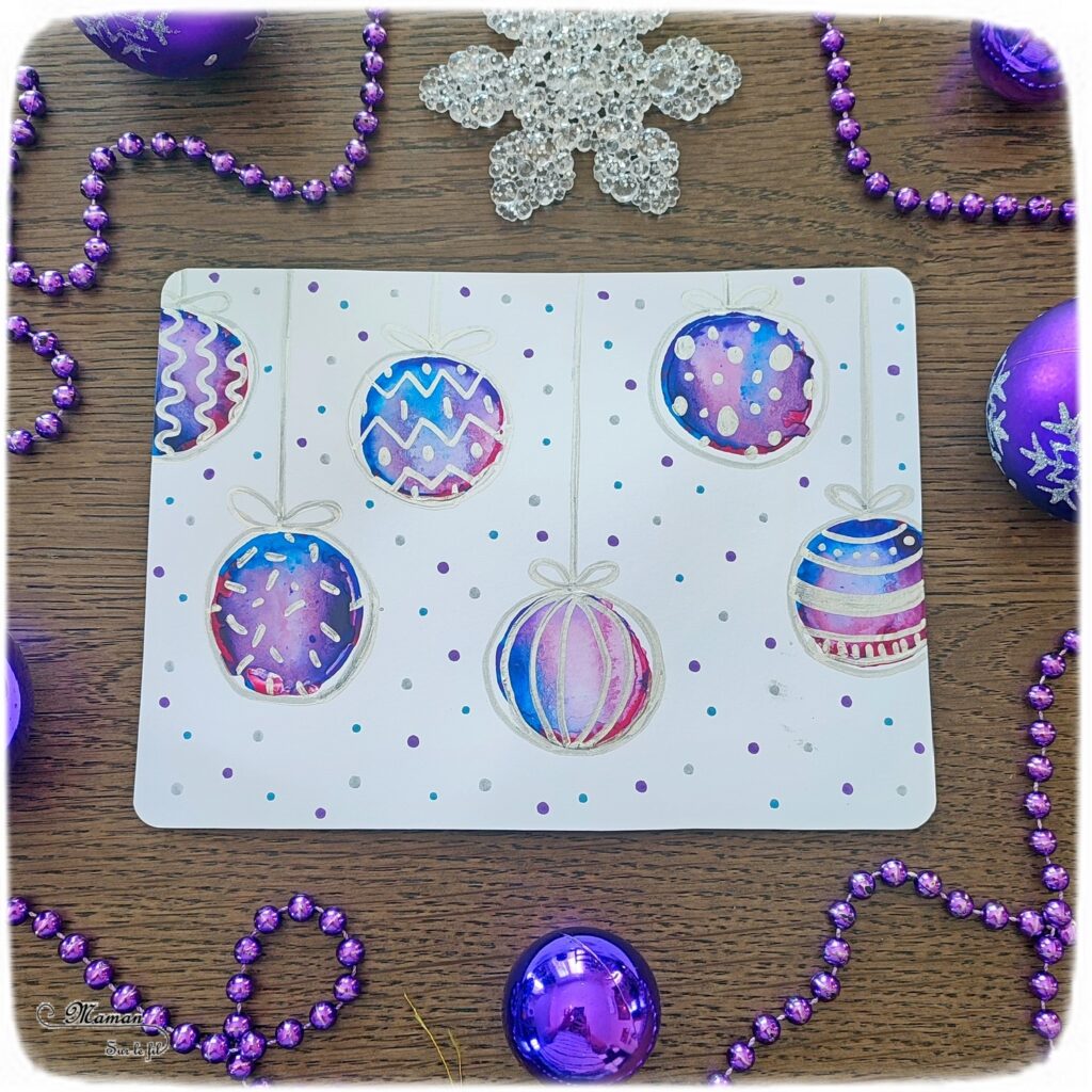 Activité créative et manuelle enfants - Peindre des boules de Noël Effet bulles avec peinture et eau - Technique de peinture récup' effet aquarelle - Recyclage et surcyclage de rouleaux de papier toilette en carton - Dessin et graphismes argentés - Carte de voeux - Arts visuels - Bricolage - Thème Hiver, Noël - Bricolage facile et rapide - Arts visuels et atelier Maternelle et élémentaire - Créativité - Cycle 1 ou 2 - tutoriel photos - mslf