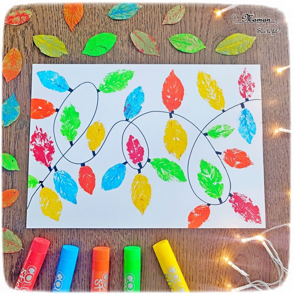 Activité créative et manuelle enfants - Peindre une guirlande lumineuse avec des empreintes de feuilles d'automne - Peinture, graphismes et dessins - Peindre une guirlande électrique avec de la gouache en stick et la nature - feuilles mortes d'automne - Activité de transition entre l'automne et Noël ou la nouvelle année - Land art, atelier nature - Arts visuels - Bricolage - Thème Décorations de Noël, arbres, feuilles, hiver, Noël, nouvel an, cartes de bonne année, de vieux - Bricolage facile et rapide - Arts visuels et atelier Maternelle et élémentaire - Créativité - Cycle 1 ou 2 - tutoriel photos - mslf