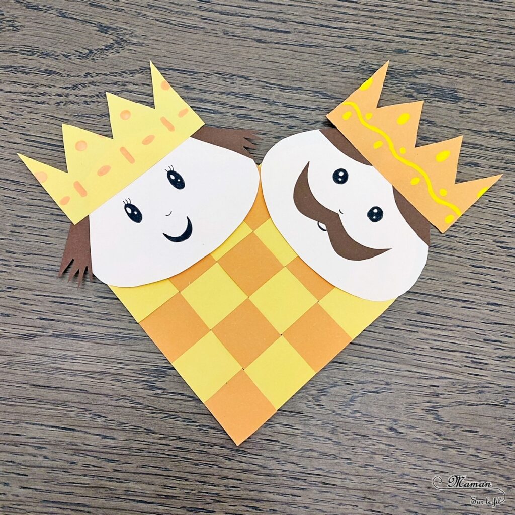 Fabriquer un coeur Roi et Reine entrelacés pour fêter l'Epiphanie : activité créative et manuelle enfants - Carte DIY avec découpage, collage, tissage de papier - Récup' de chutes de papier - Arts visuels et Bricolage maternelle ou élémentaire (cycles 1, 2 et 3) - Thème Epiphanie, Galette, Moyen-Age, Histoire - Créativité - tutoriel photos - mslf