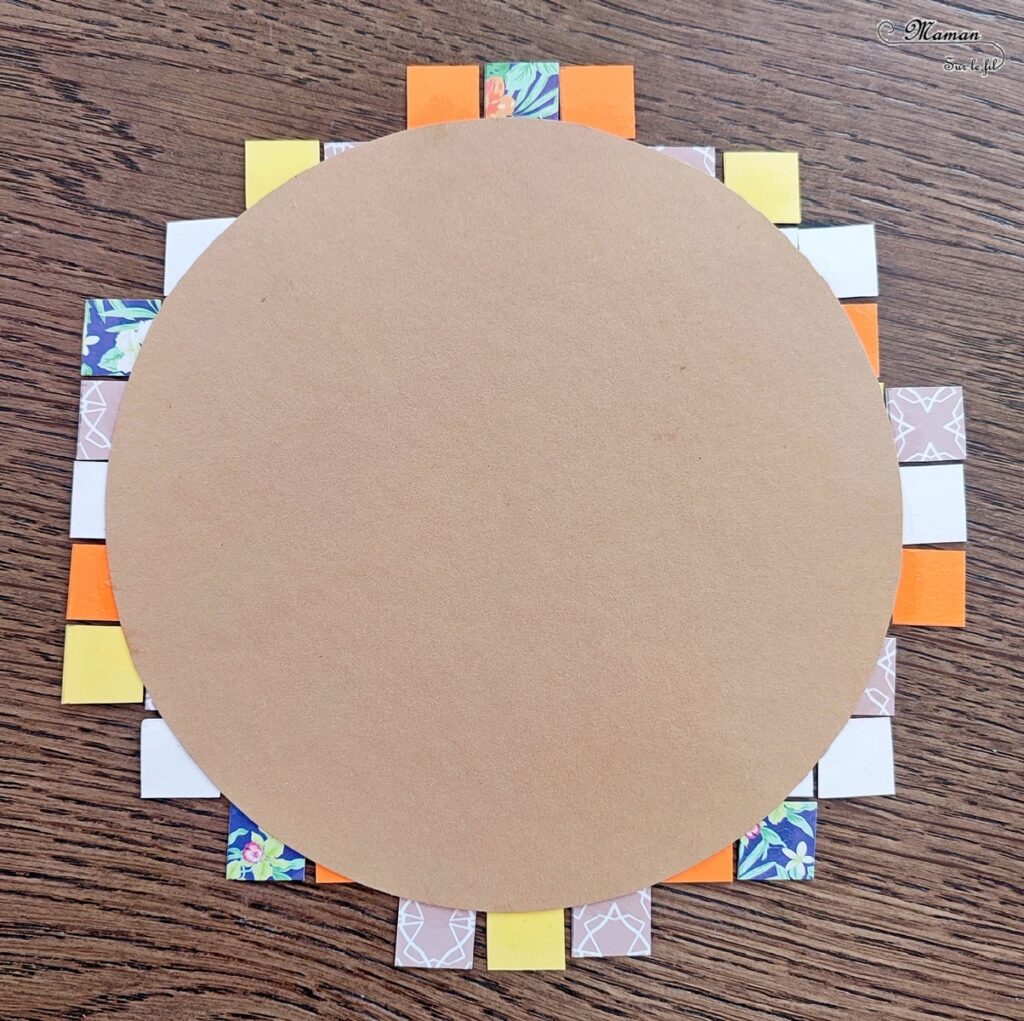 Créer une galette mignonne en mosaïque de papiers : activité créative et manuelle enfants - Géométrie, découpage, collage - Dessin, Visage rigolo et couronne - Récup' de chutes de papier, de magazines et de couronnes de l'épiphanie - Arts visuels et Bricolage maternelle ou élémentaire (cycles 1, 2 et 3) - Thème Epiphanie, Galette, Fête des rois - Créativité - tutoriel photos - mslf