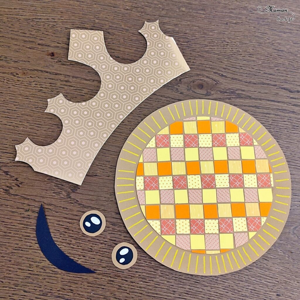 Créer une galette mignonne en mosaïque de papiers : activité créative et manuelle enfants - Géométrie, découpage, collage - Dessin, Visage rigolo et couronne - Récup' de chutes de papier, de magazines et de couronnes de l'épiphanie - Arts visuels et Bricolage maternelle ou élémentaire (cycles 1, 2 et 3) - Thème Epiphanie, Galette, Fête des rois - Créativité - tutoriel photos - mslf