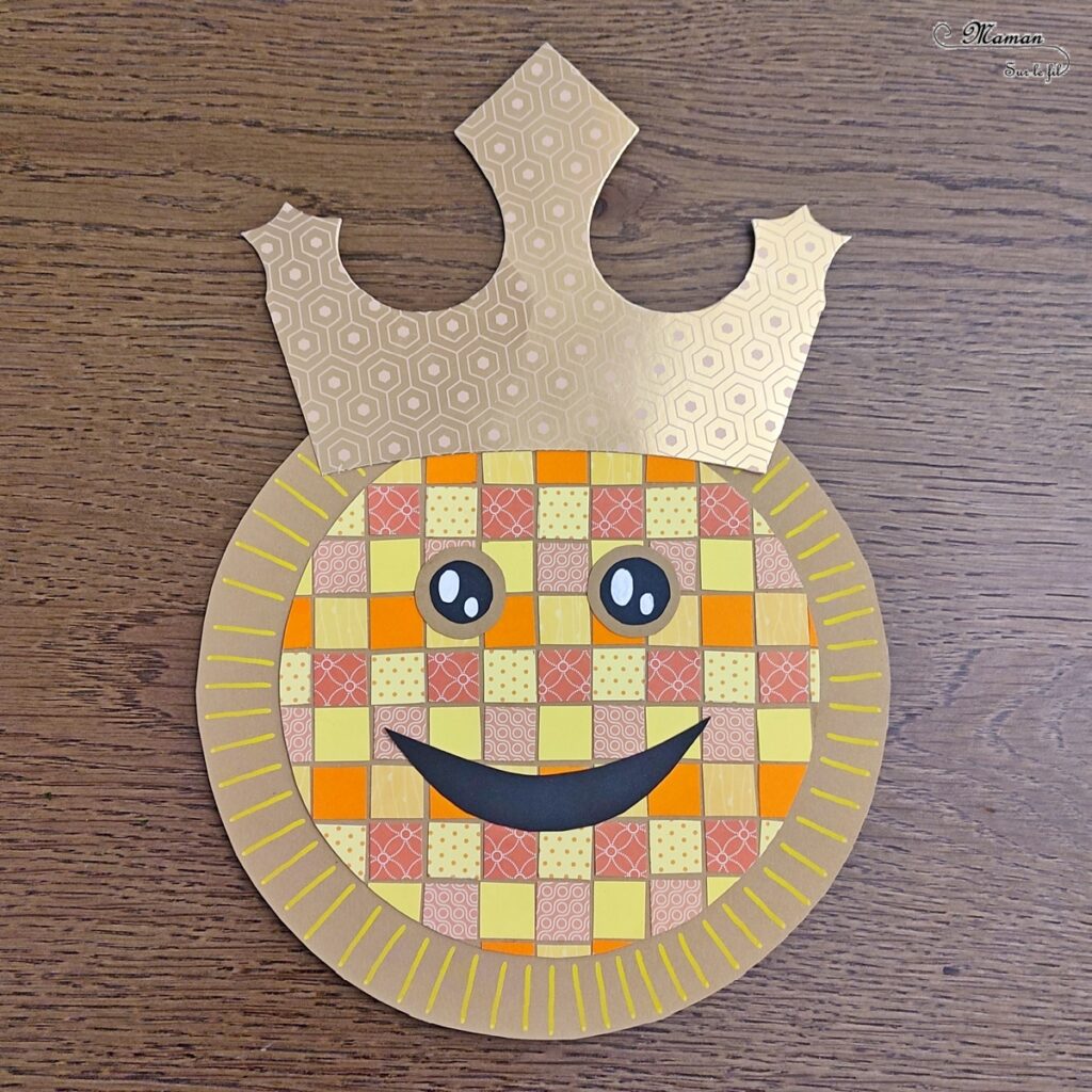 Créer une galette mignonne en mosaïque de papiers : activité créative et manuelle enfants - Géométrie, découpage, collage - Dessin, Visage rigolo et couronne - Récup' de chutes de papier, de magazines et de couronnes de l'épiphanie - Arts visuels et Bricolage maternelle ou élémentaire (cycles 1, 2 et 3) - Thème Epiphanie, Galette, Fête des rois - Créativité - tutoriel photos - mslf