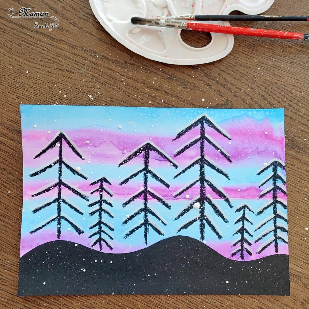 Dessiner des sapins enneigés sur fond hivernal : activité créative et manuelle enfants - Peinture type aquarelle, dessins aux pastels et aux marqueurs peinture - Peinture éclaboussée pour l'effet neige - Travail des lignes obliques en maternelle - Graphismes - Découpage, collage - Bricolage sympa pour une décoration hivernale - Arts visuels et Bricolage - Thème hiver, neige, arbres, paysages, nuit - Arts visuels et atelier Maternelle et élémentaire - Créativité - Cycle 1 ou 2 - tutoriel photos - mslf