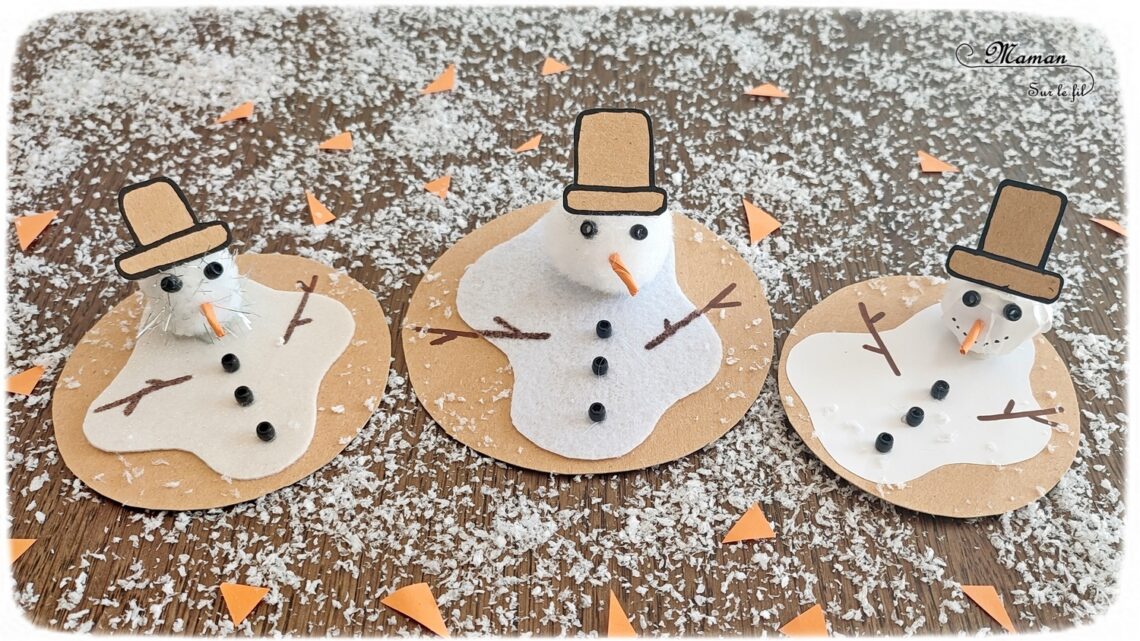 Fabriquer des bonhommes de neige fondus : activité créative, récup' et manuelle enfants - Bricolage rigolo et facile à faire - Recyclage de carton, découpage, collage de papier, feutrine et pompons - Bricolage sympa pour une décoration hivernale - Perles et dessin pour les accessoires - Surcyclage - Arts visuels et Bricolage - Thème hiver, neige - Bricolage facile et rapide - Arts visuels et atelier Maternelle et élémentaire - Créativité - Cycle 1 ou 2 - tutoriel photos - mslf