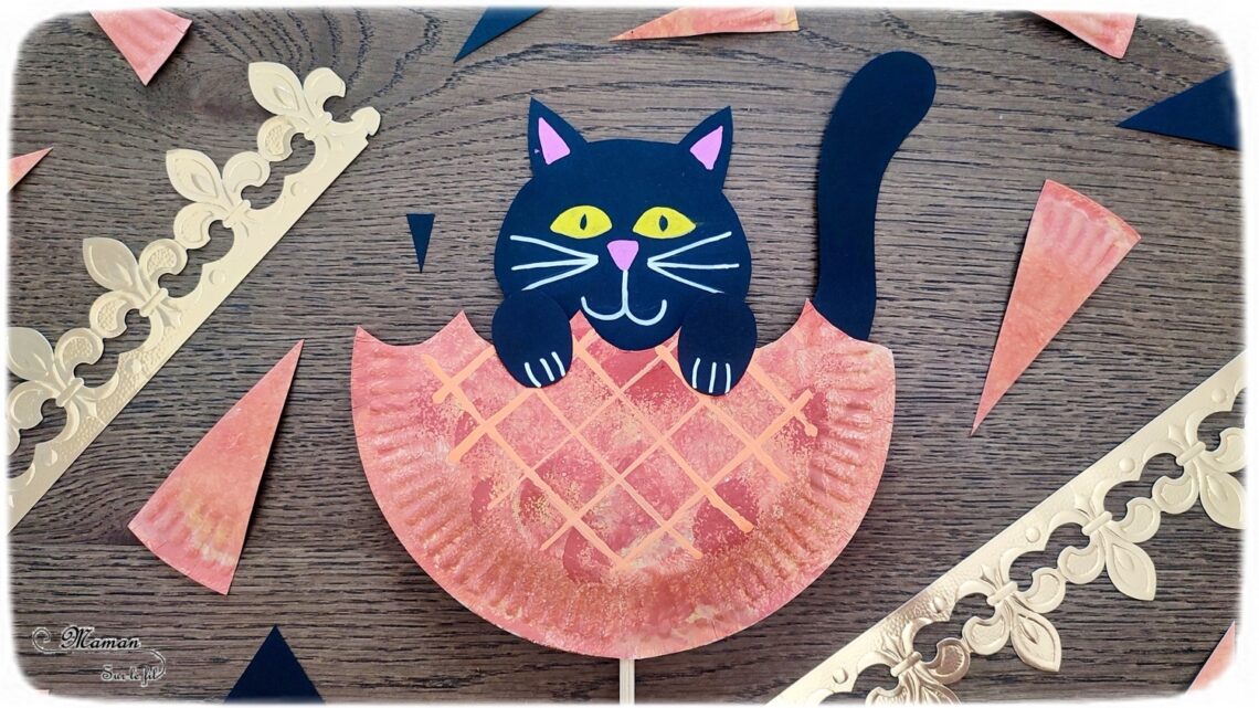 Fabriquer un chat noir qui se cache dans la galette des rois : activité créative et manuelle enfants pour fêter l'Epiphanie - Bricolage et jeu DIY rigolo et mignon - Chat qui croque la galette - Récup' Assiette en carton - Peinture, découpage, collage, dessin - Arts visuels et Bricolage maternelle ou élémentaire (cycles 1, 2 et 3) - Thème Epiphanie, Galette, animaux domestiques - Créativité - tutoriel photos et vidéo - mslf