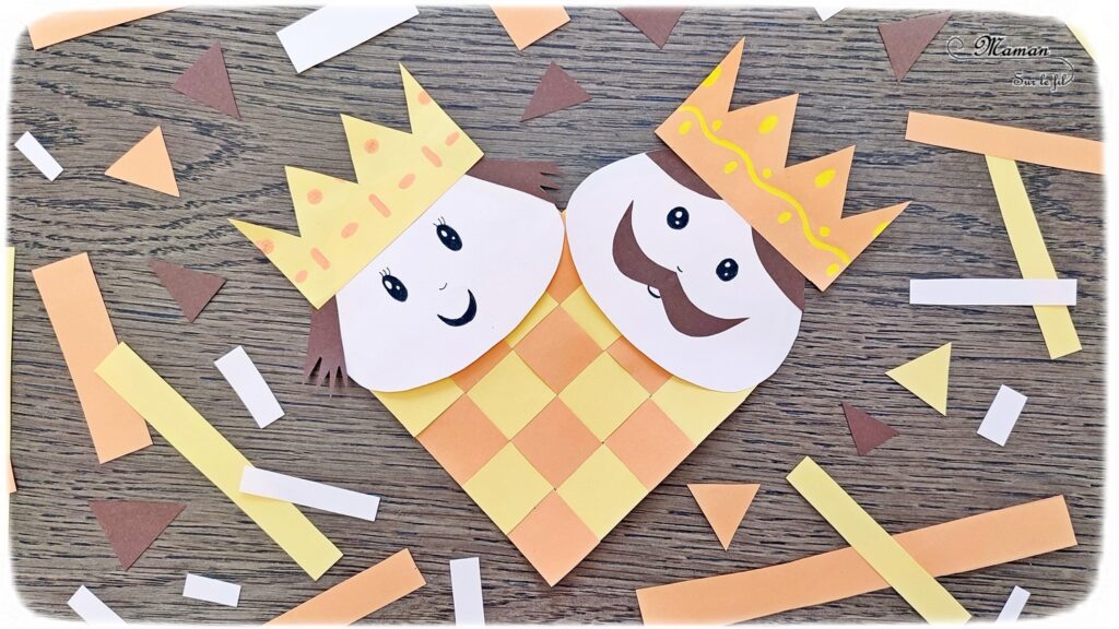 Fabriquer un coeur Roi et Reine entrelacés pour fêter l'Epiphanie : activité créative et manuelle enfants - Carte DIY avec découpage, collage, tissage de papier - Récup' de chutes de papier - Arts visuels et Bricolage maternelle ou élémentaire (cycles 1, 2 et 3) - Thème Epiphanie, Galette, Moyen-Age, Histoire - Créativité - tutoriel photos - mslf