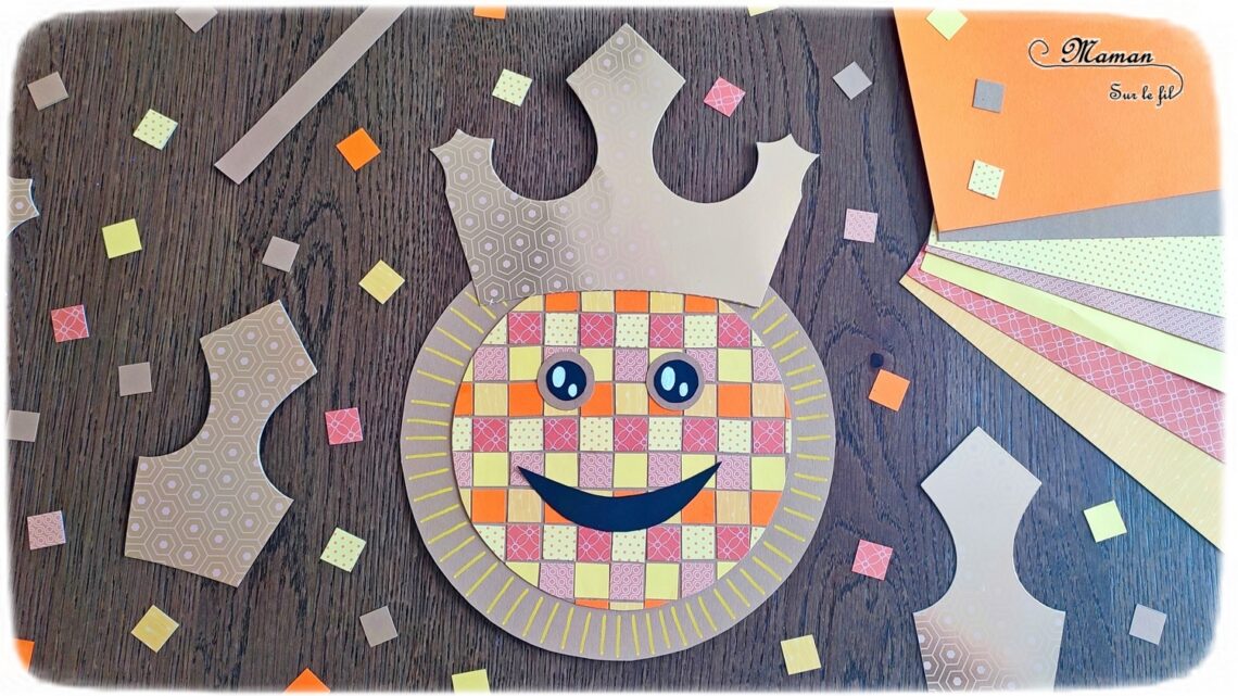 Créer une galette mignonne en mosaïque de papiers : activité créative et manuelle enfants - Géométrie, découpage, collage - Dessin, Visage rigolo et couronne - Récup' de chutes de papier, de magazines et de couronnes de l'épiphanie - Arts visuels et Bricolage maternelle ou élémentaire (cycles 1, 2 et 3) - Thème Epiphanie, Galette, Fête des rois - Créativité - tutoriel photos - mslf