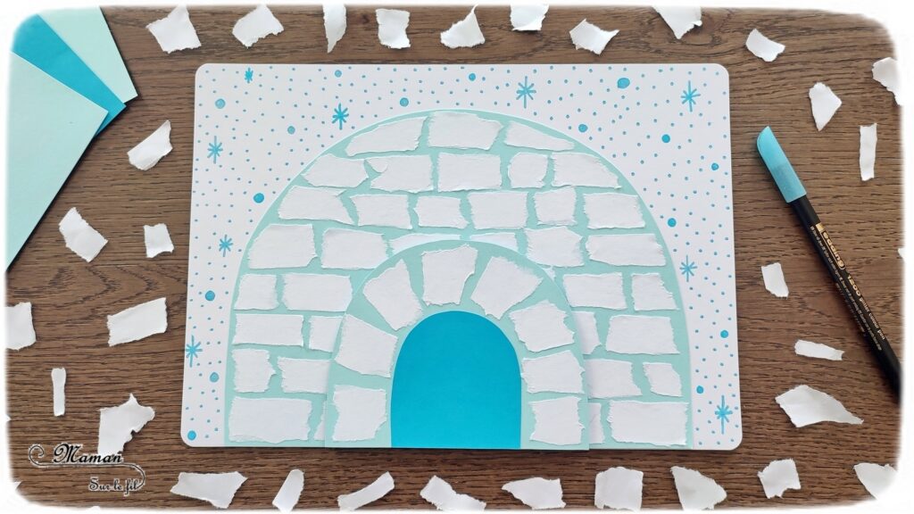 Créer un igloo en papier déchiré : activité créative, récup' et manuelle enfants - Déchirer, découper et coller du papier - Découpage et collage - Chutes de papier blanc - Dessin et graphismes - Arts visuels et Bricolage - Thème hiver, neige, froid, banquise, arctique et antarctique - Arts visuels et atelier Maternelle et élémentaire - Créativité - Cycle 1 ou 2 - tutoriel photos - mslf