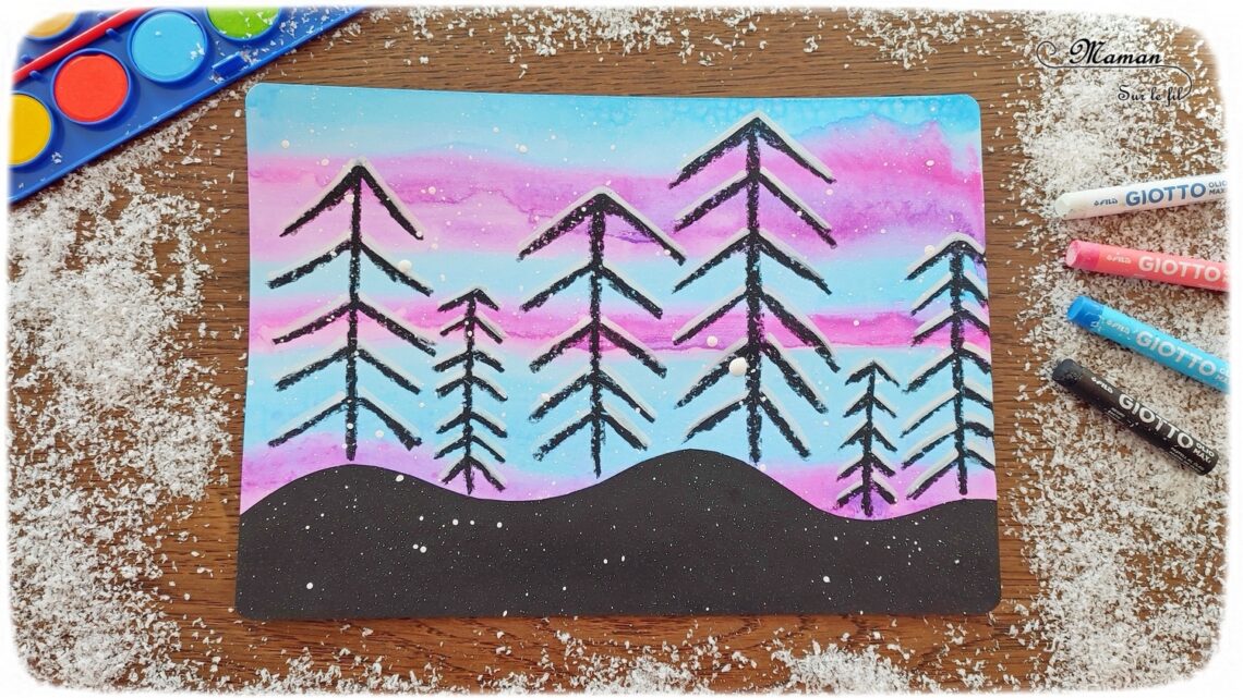 Dessiner des sapins enneigés sur fond hivernal : activité créative et manuelle enfants - Peinture type aquarelle, dessins aux pastels et aux marqueurs peinture - Peinture éclaboussée pour l'effet neige - Travail des lignes obliques en maternelle - Graphismes - Découpage, collage - Bricolage sympa pour une décoration hivernale - Arts visuels et Bricolage - Thème hiver, neige, arbres, paysages, nuit - Arts visuels et atelier Maternelle et élémentaire - Créativité - Cycle 1 ou 2 - tutoriel photos - mslf