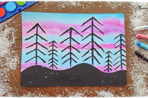 Dessiner des sapins enneigés sur fond hivernal : activité créative et manuelle enfants - Peinture type aquarelle, dessins aux pastels et aux marqueurs peinture - Peinture éclaboussée pour l'effet neige - Travail des lignes obliques en maternelle - Graphismes - Découpage, collage - Bricolage sympa pour une décoration hivernale - Arts visuels et Bricolage - Thème hiver, neige, arbres, paysages, nuit - Arts visuels et atelier Maternelle et élémentaire - Créativité - Cycle 1 ou 2 - tutoriel photos - mslf